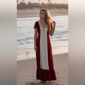 Wine velour sms lace 60s/70s boho maxi dress